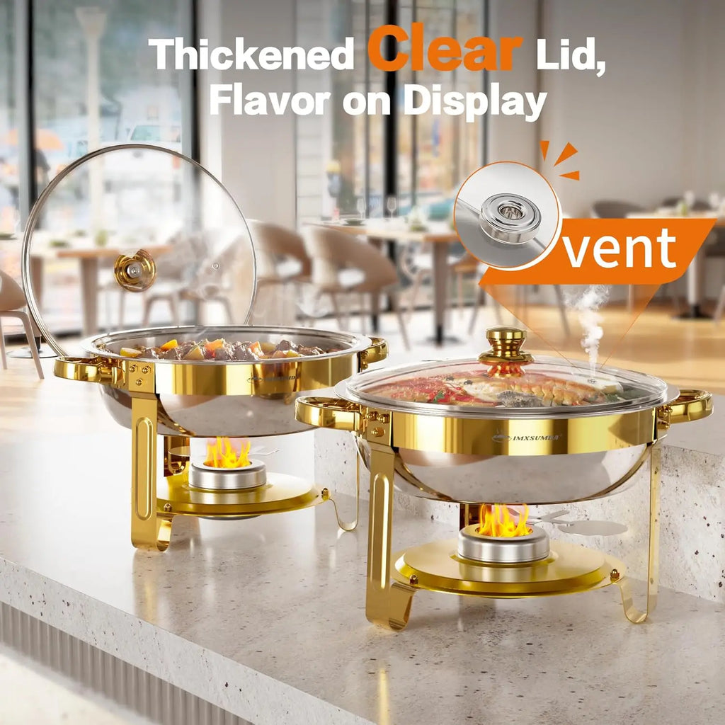 4-Pack Gold Round Chafing Dish Set, 5QT Buffet Warmers with Glass Lid for Parties, Weddings, Catering