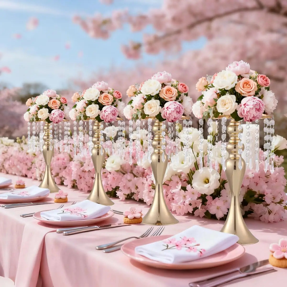 8 Pcs Gold Metal Flower Stands with Crystal Beads Wedding Centerpieces for Tables Party/ Centerpiece Vases /Celebration Home Decor