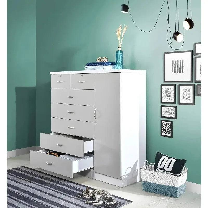 7-Drawer Large Chest with 5 Big Drawers, 2 Small Drawers, Locks, Hanging Rod, and 3 Shelves in Grey-White