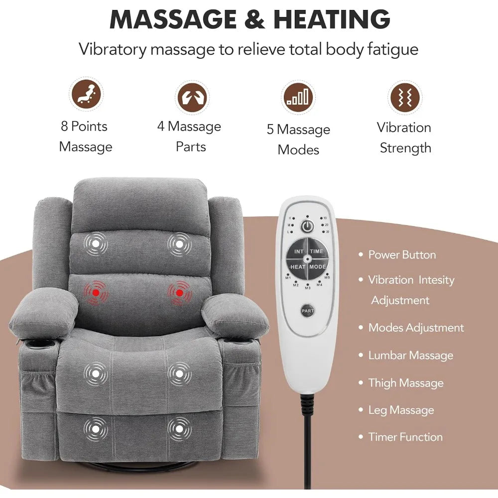 Adult-Sized 360° Swivel Rocker Recliner with Heat and Massage Features, Oversized Comfort Sofa Chair