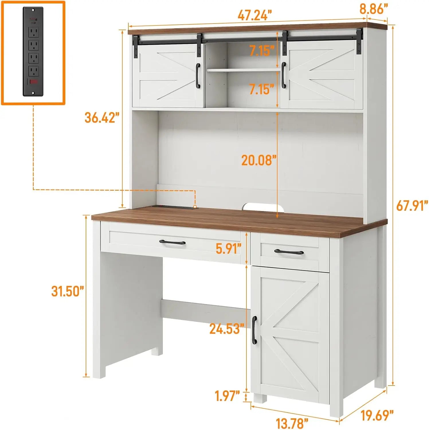 Farmhouse 47" Executive Desk, Computer Desk with Drawers and Storage Cabinet, Home Office Desk with Hutch