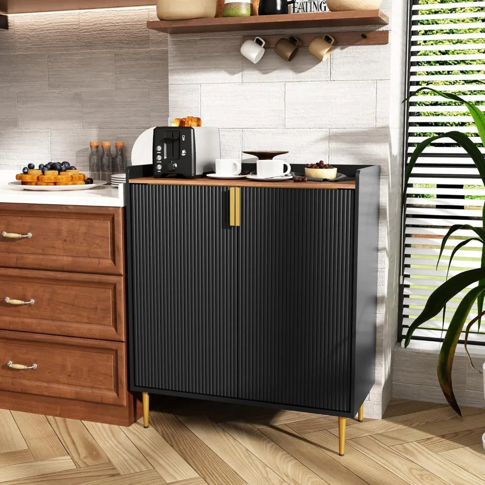 Sideboard Buffet Cabinet with Fluted Texture, Modern Coffee Bar Cabinet with Wine Rack &Drawers, Black Liquor Cabinet for Kitchen