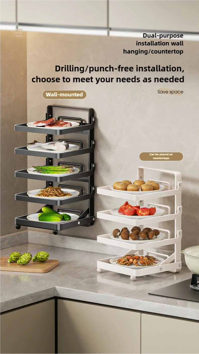 Kitchen Folding Side Dish Rack Cooking Plate Tray Organizer Counter Expandable Microwave Shelf Foldable Food Storage Shelves