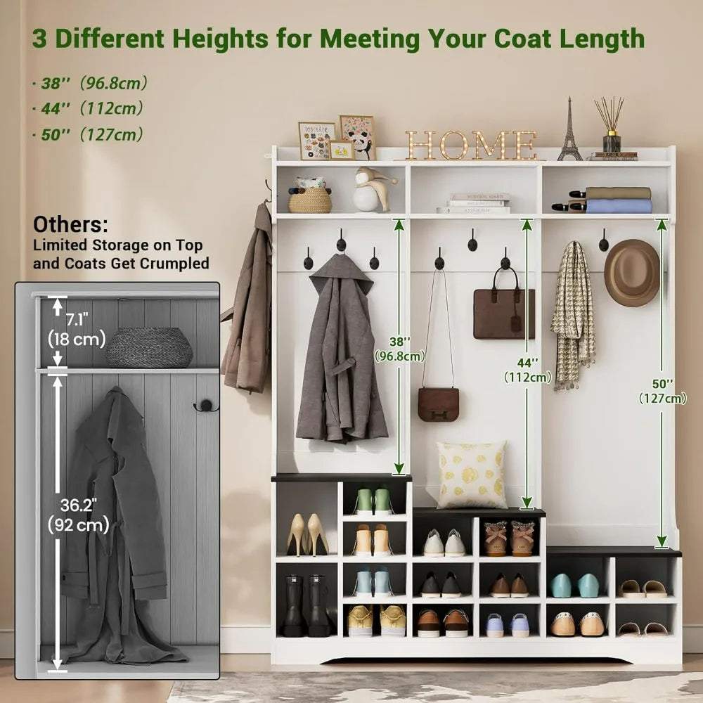 Farmhouse Style 77 Entryway Bench with Shoe Storage and Coat Rack, Featuring 16 Shoe Cubbies and 10 Hooks, Dimensions 15.8 Depth