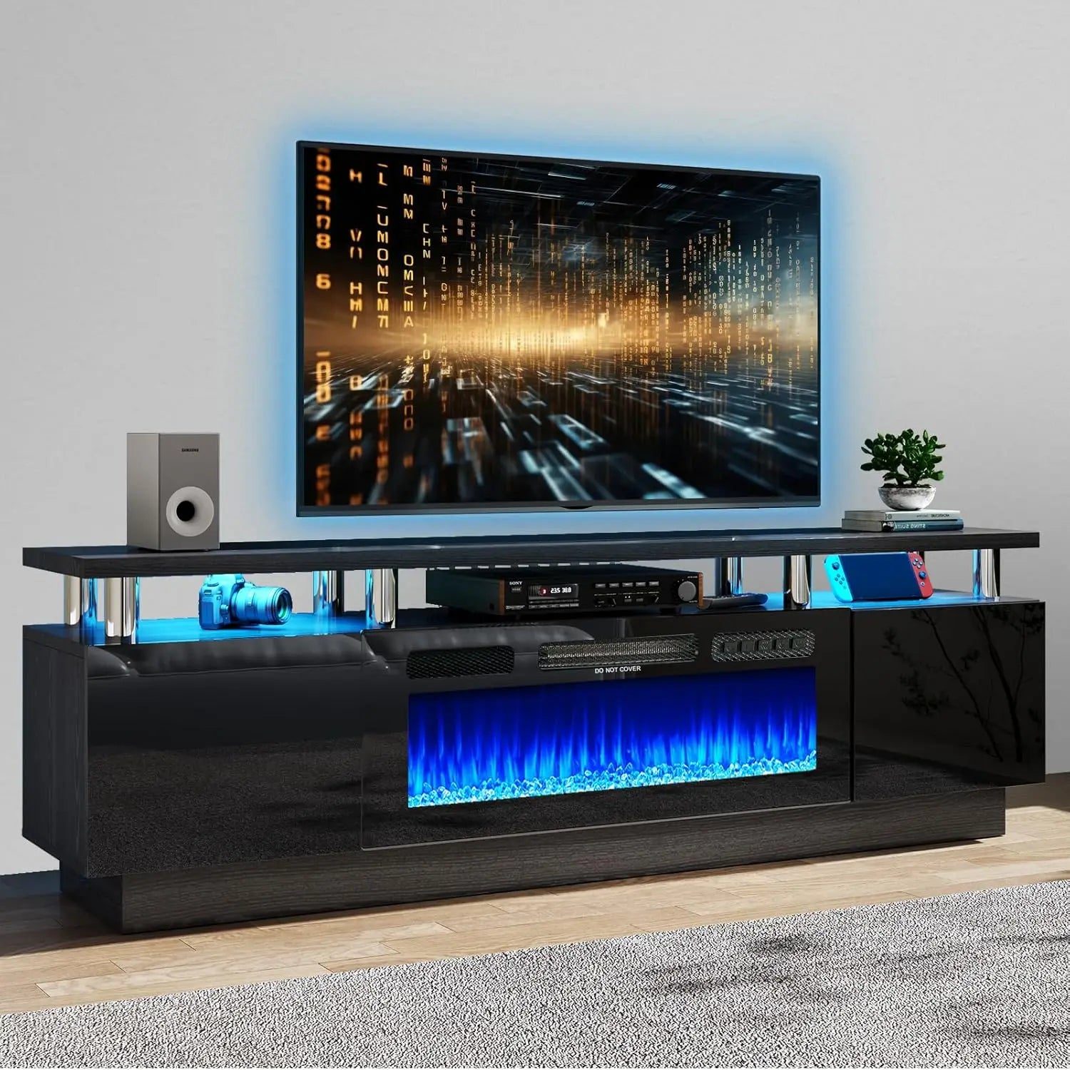 70" Modern Electric Fireplace TV Stand for TVs Up to 80 inch, with Electronic Flame and LED Lights, TV Console Cabinet , Black