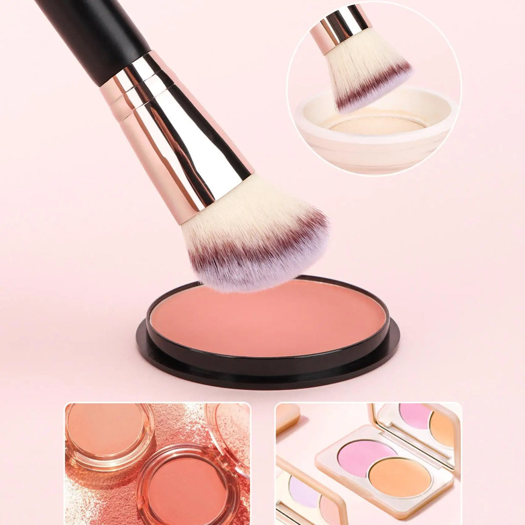 2pcs Double-Ended Foundation Brush Set - Round, Flat Beveled Ends, Soft Nylon Bristles ABS Handle, Unscented Universal Skin Type
