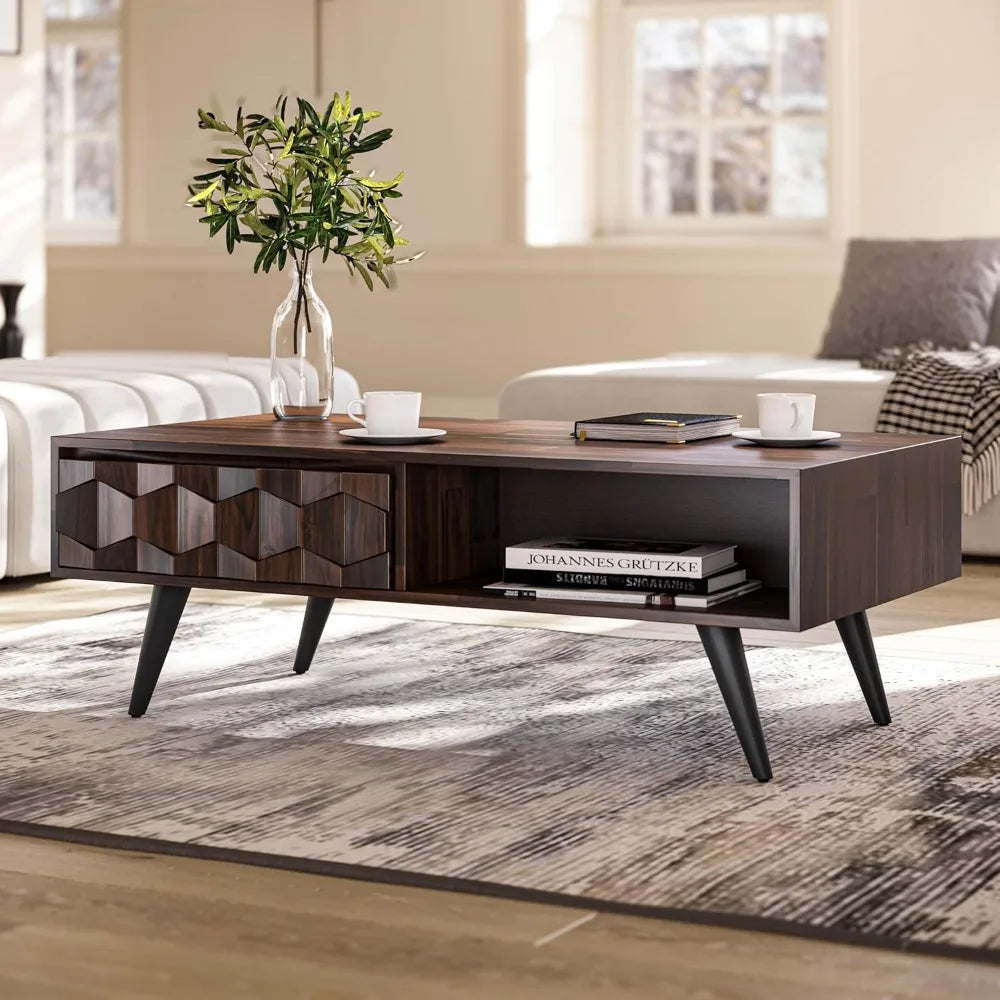Georgina Solid Wood Coffee Tables for Living Room, Coffee Table Mid Century Modern with 2 Symmetrical Storage Drawers