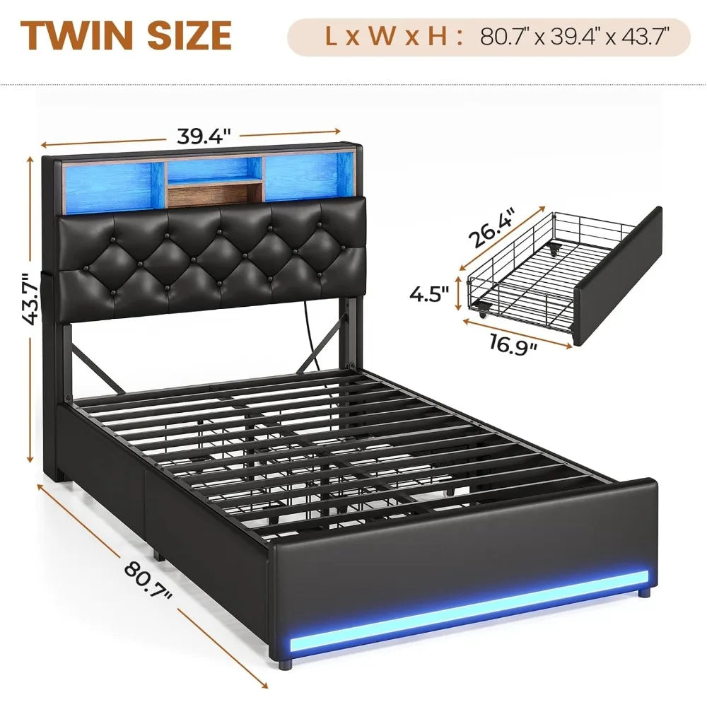 Twin Bed Frames with Headboard & 4 Drawers, LED Bed Frame Twin with Charging Station, Upholstered and Metal Twin Bed with Storage