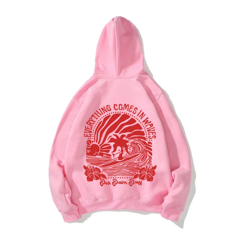 New Women'S And Youth Tropical Flower Island Hoodie - Light Grey With Pink Flower Print - Daily Street Wear - Four Seasons Women