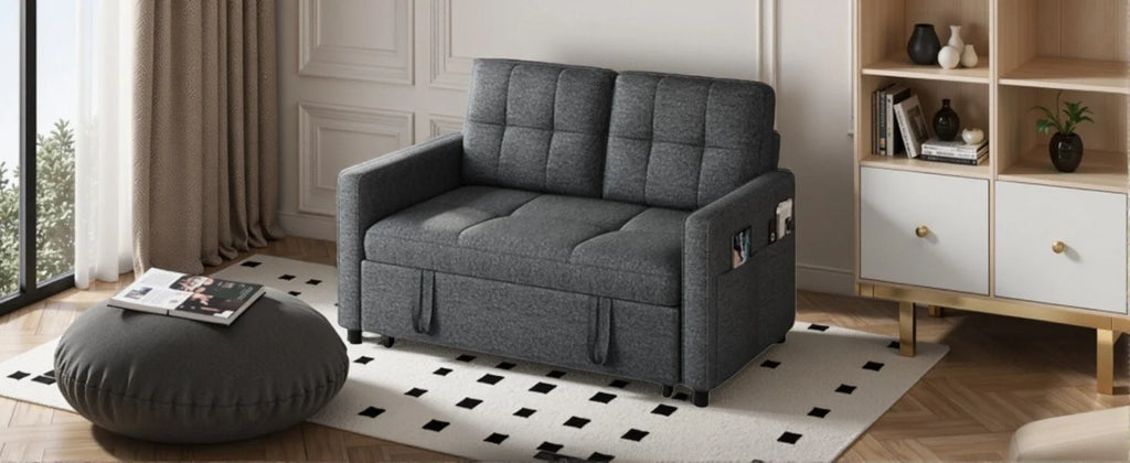 3-in-1 Sleeper Sofa with Pull-Out Bed, Linen Futon Couch with Adjustable Backrest and Side Pocket