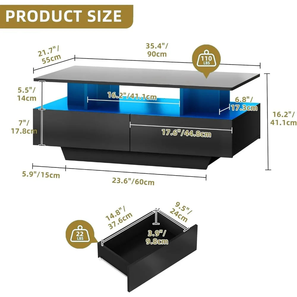 Modern Rectangular Black High Gloss LED Coffee Table with 4 Drawers for Living Room Storage