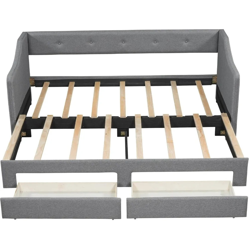 Merax Linen-Covered Daybed with Trundle and Storage Drawers, Twin/ XL to King Wooden Bed Frame with Buttoned Back for Living Space