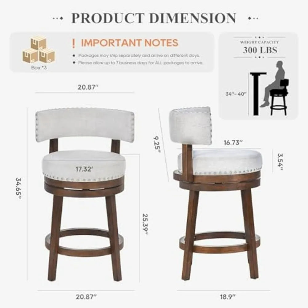 Set of 3- 25" Swivel Counter Height Bar Stools with Upholstered Back and Modern Wood Design