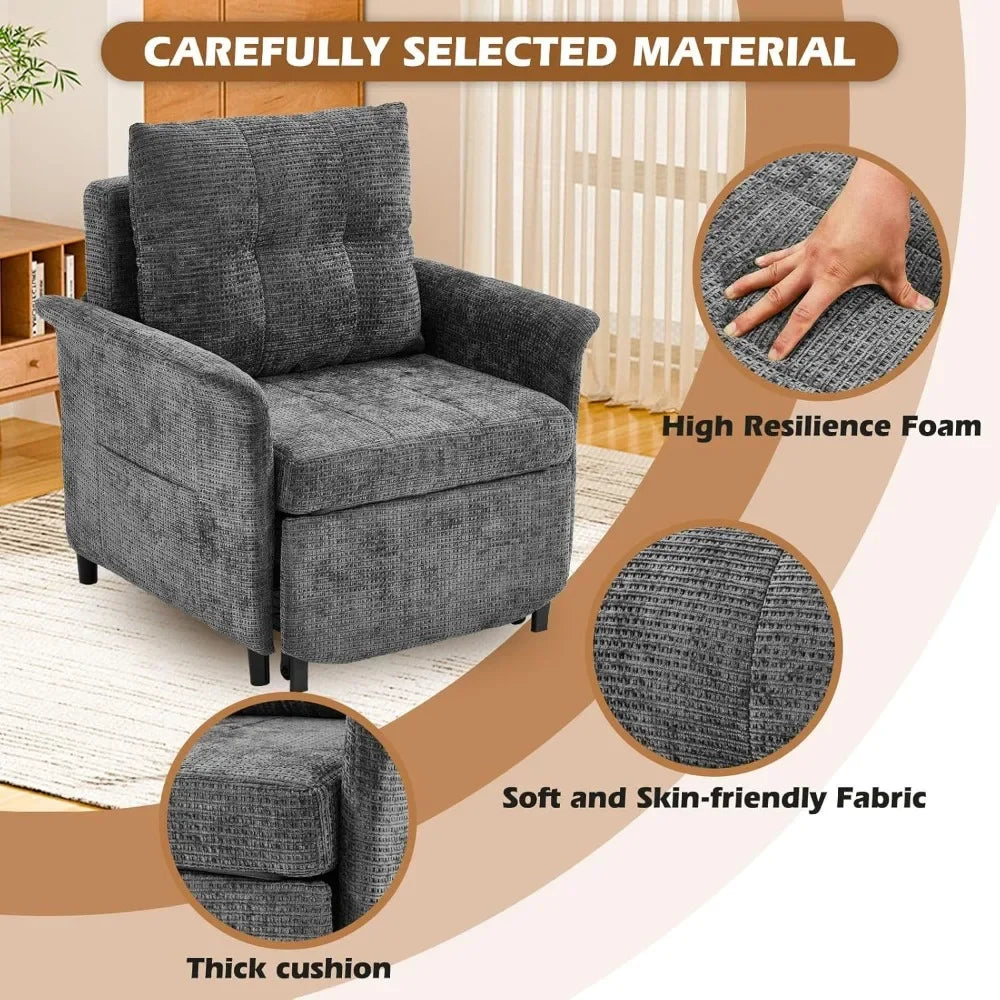 Adjustable Backrest Convertible Sleeper Chair/ Long Chair Bed/ 4-in-1 Pull out Lounge Chair/ 500 LBS Load Bearing Single Sofa