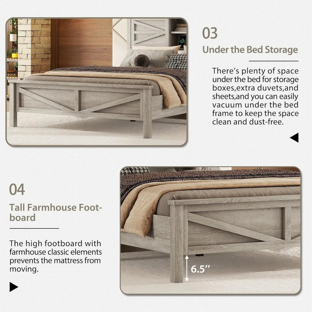 Full Size Bedroom Furniture Set, Full Size Platform Bed with Nightstand and Dresser, Wood Platform Bed with Double Sliding Door