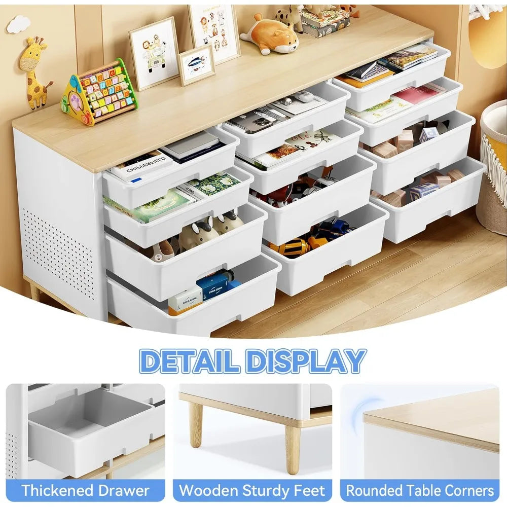 12-Drawer Storage Cabinet with Wooden Top for Home, Living Room, Bedroom, and Classroom Organization