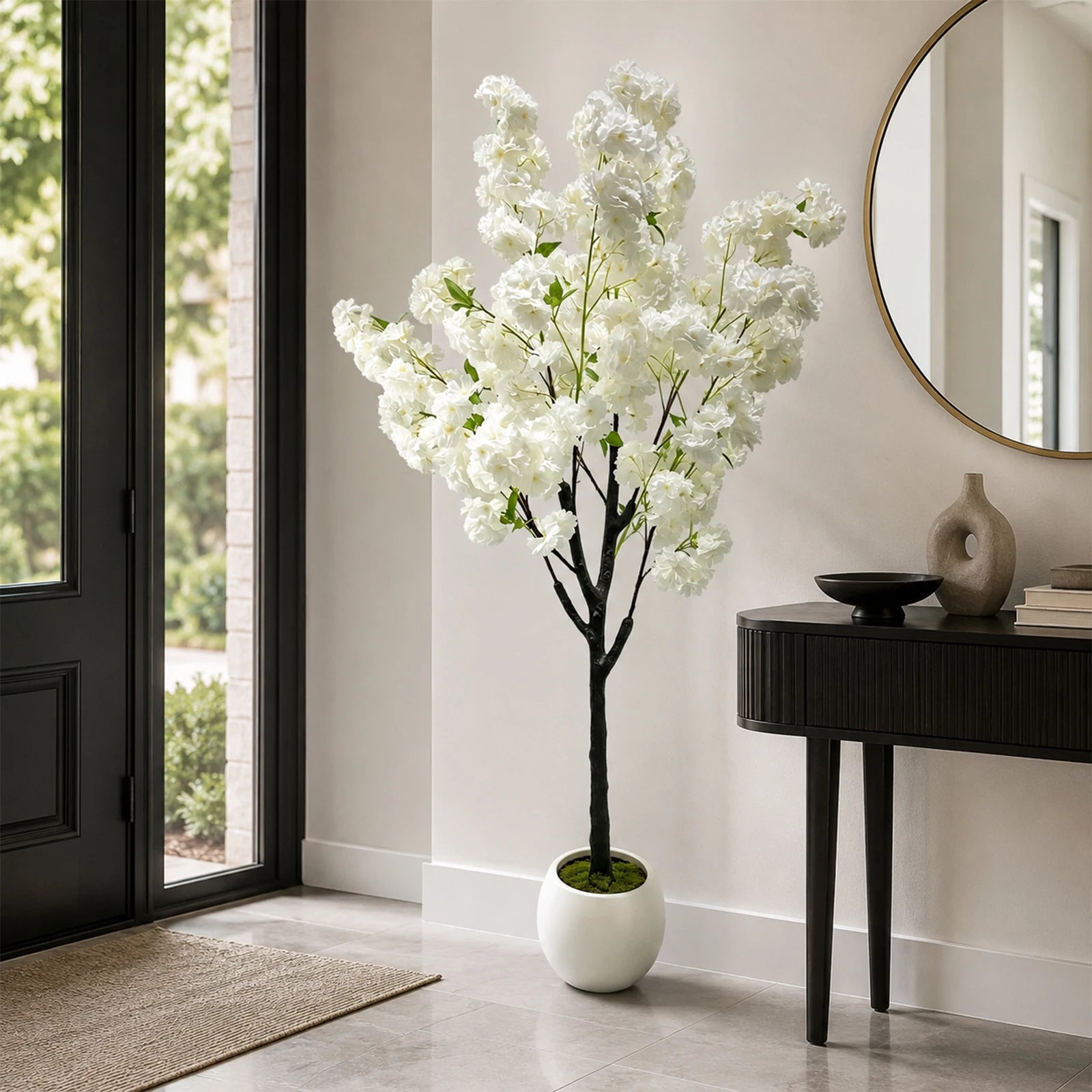 Artificial Cherry Blossom Tree, White Flower Faux Plant in Pot for Home,Office,Wedding,Garden,Party,Hotel Decoration