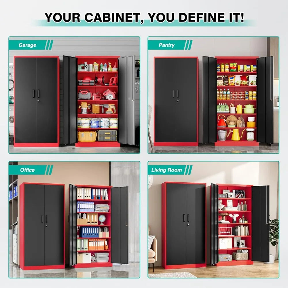 Garage Storage Cabinet with 5 Adjustable Shelves, Metal Storage Cabinet with Lock,Red Black Metal Cabinet with Locking Doors, Steel