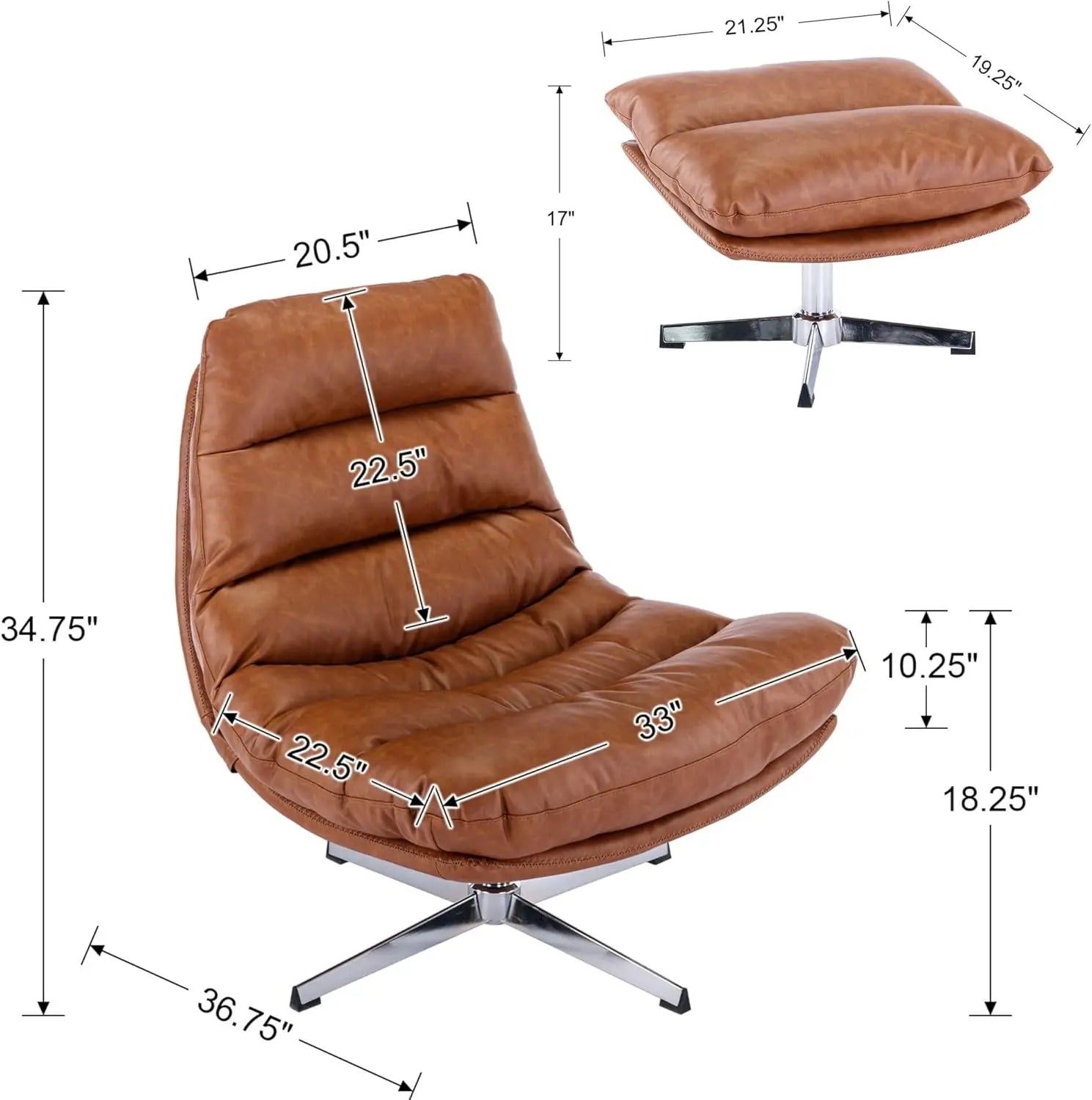 Swivel Accent Chair with Ottoman, Mid Century Modern Faux Leather Lounge Chair With Footrest, Comfy Oversized Armchair