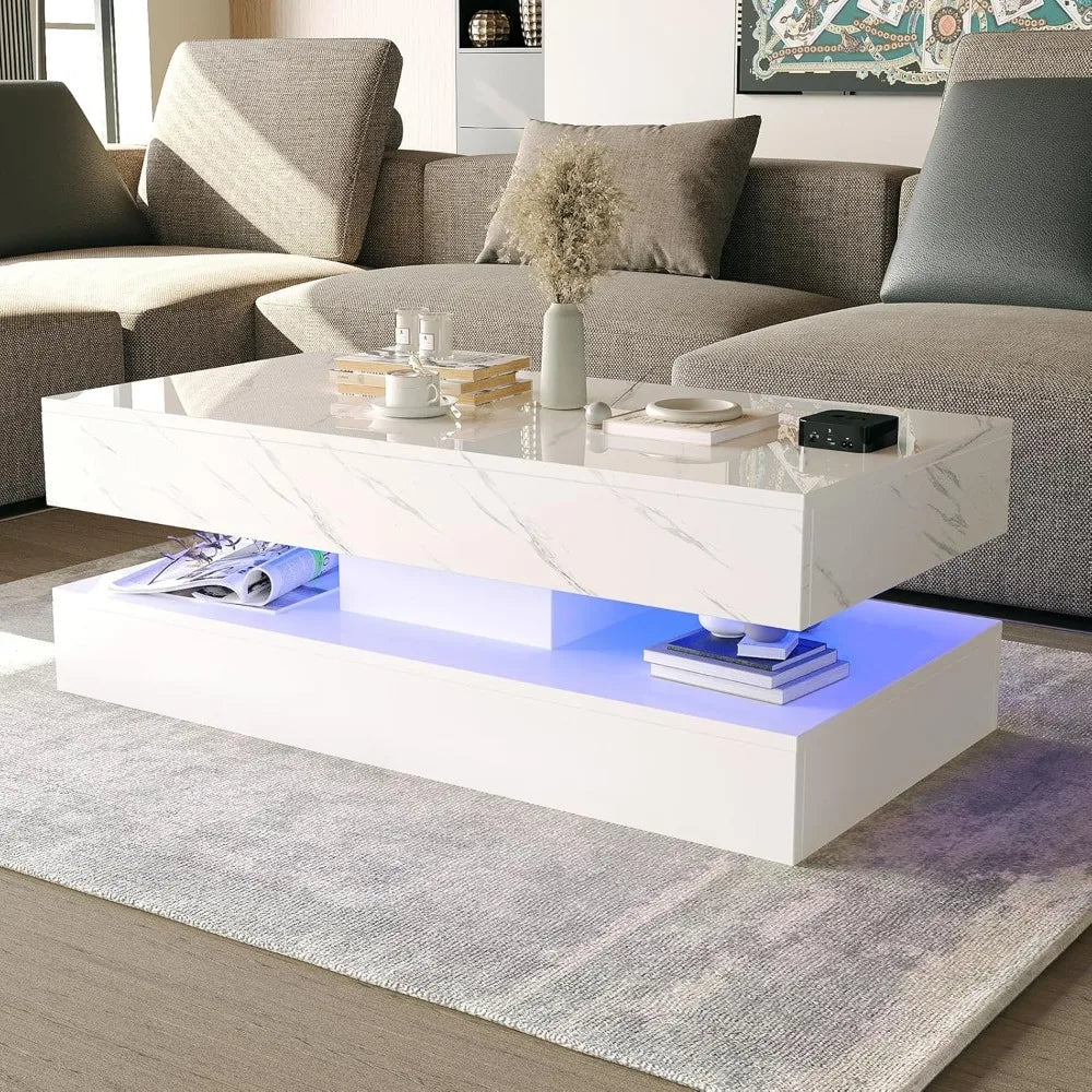LED Coffee Table with Storage Drawers, Modern High Gloss Coffee Table  LED Lights,  Rectangle Center Table