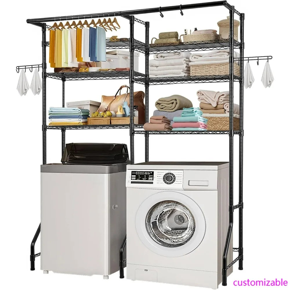 6-Tier Laundry Room Drying Rack with Hanger Bar and Hooks, Adjustable Over Washer and Dryer Storage Shelf