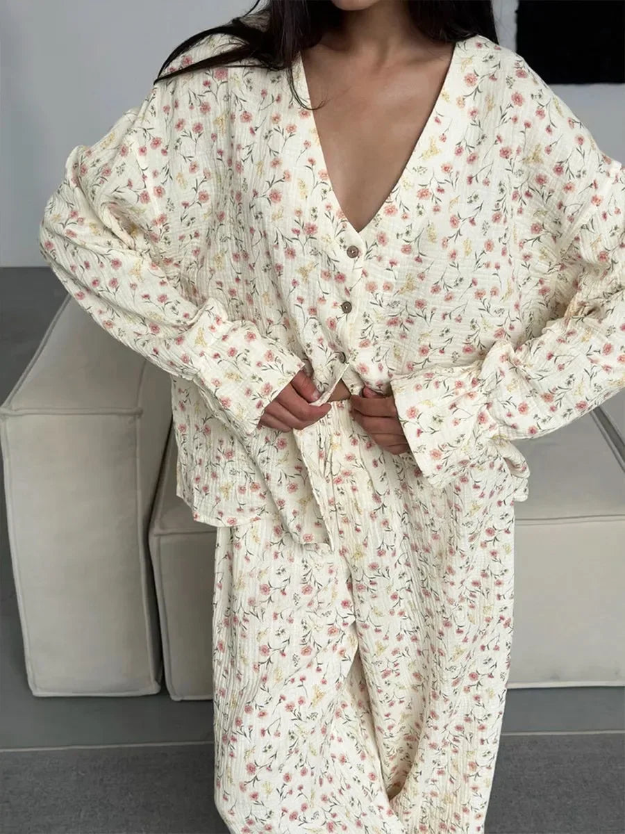 100% Cotton Printed Cardigan Pajama Set Women's / Long Sleeved Pants Pajamas/ Loose Home Clothing /2-piece Set