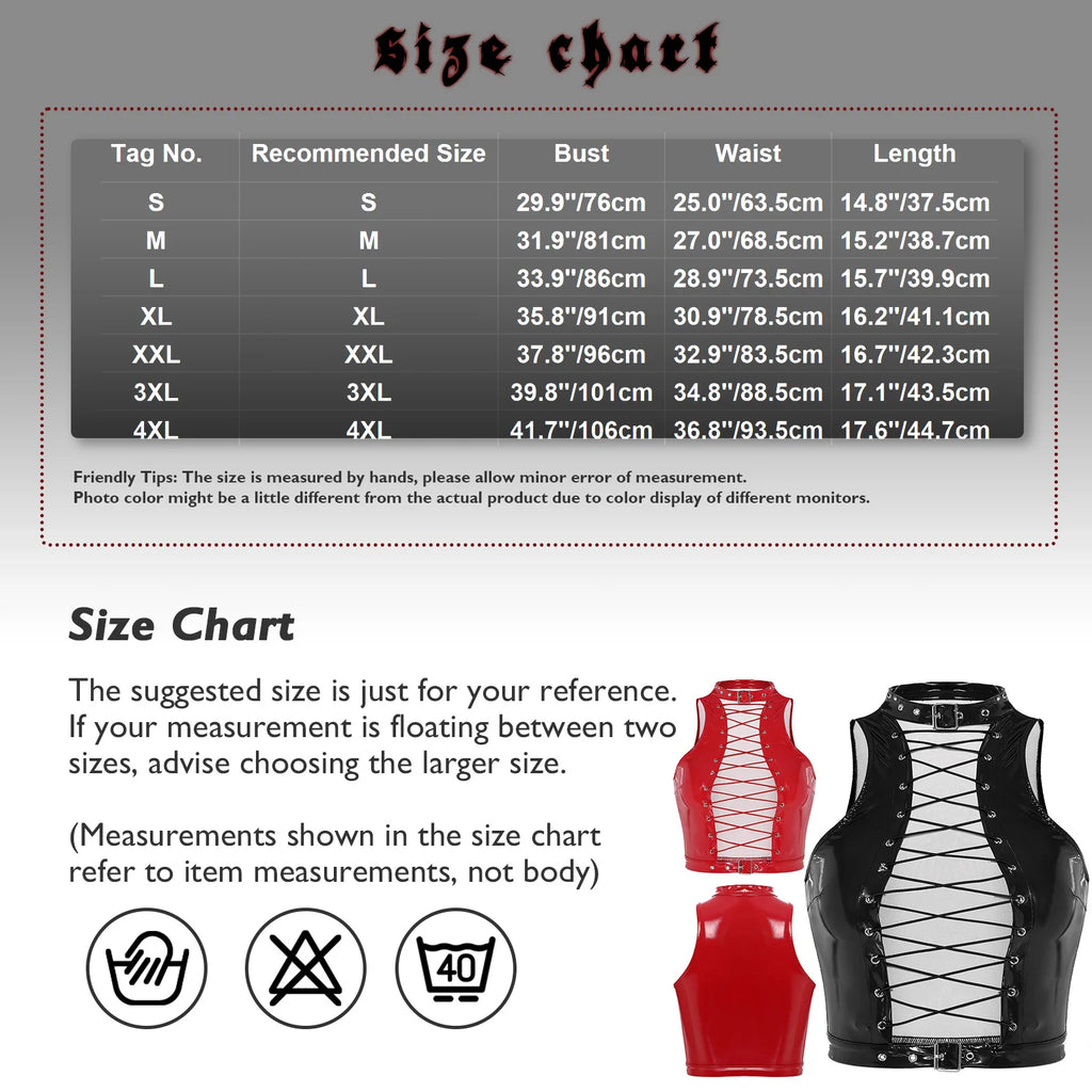 Women Leather Vest Gothic Steampunk Wet Look Hollow Out T-shirt Slim Bodycon Streetwear Sleeveless Crop Top Party Clubwear