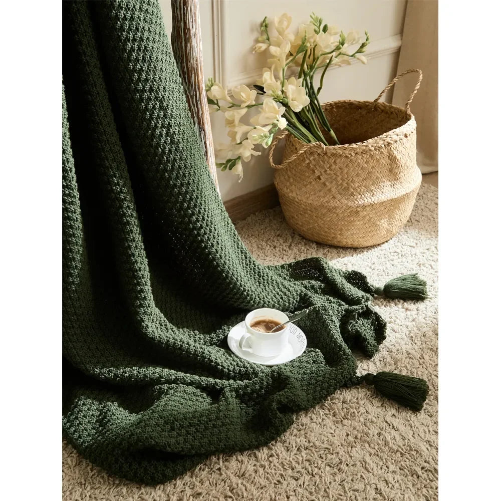 Solid Color Lightweight Acrylic Knit Tasseled Throw Blanket