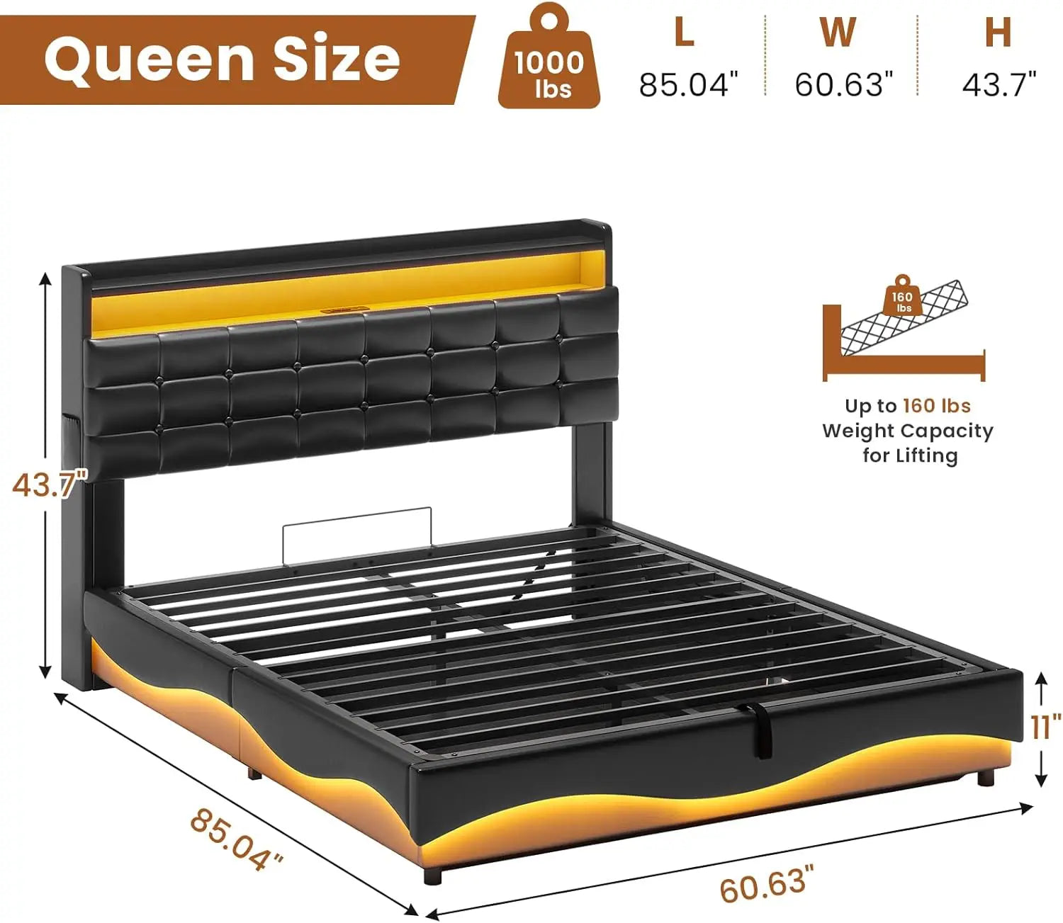Lift Up Storage Queen Bed Frame with Type-C Charging Station & Hidden Storage Headboard, LED Lights Upholstered Platform