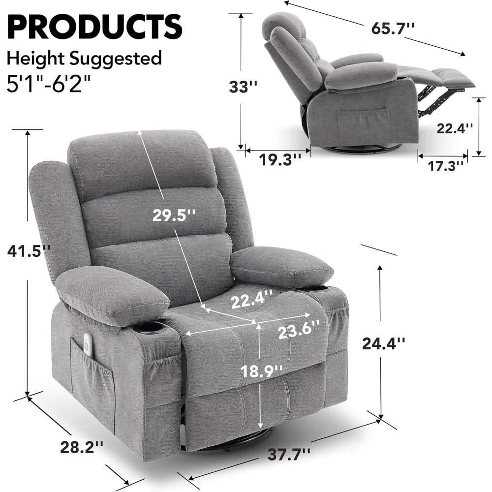 Adult-Sized 360° Swivel Rocker Recliner with Heat and Massage Features, Oversized Comfort Sofa Chair