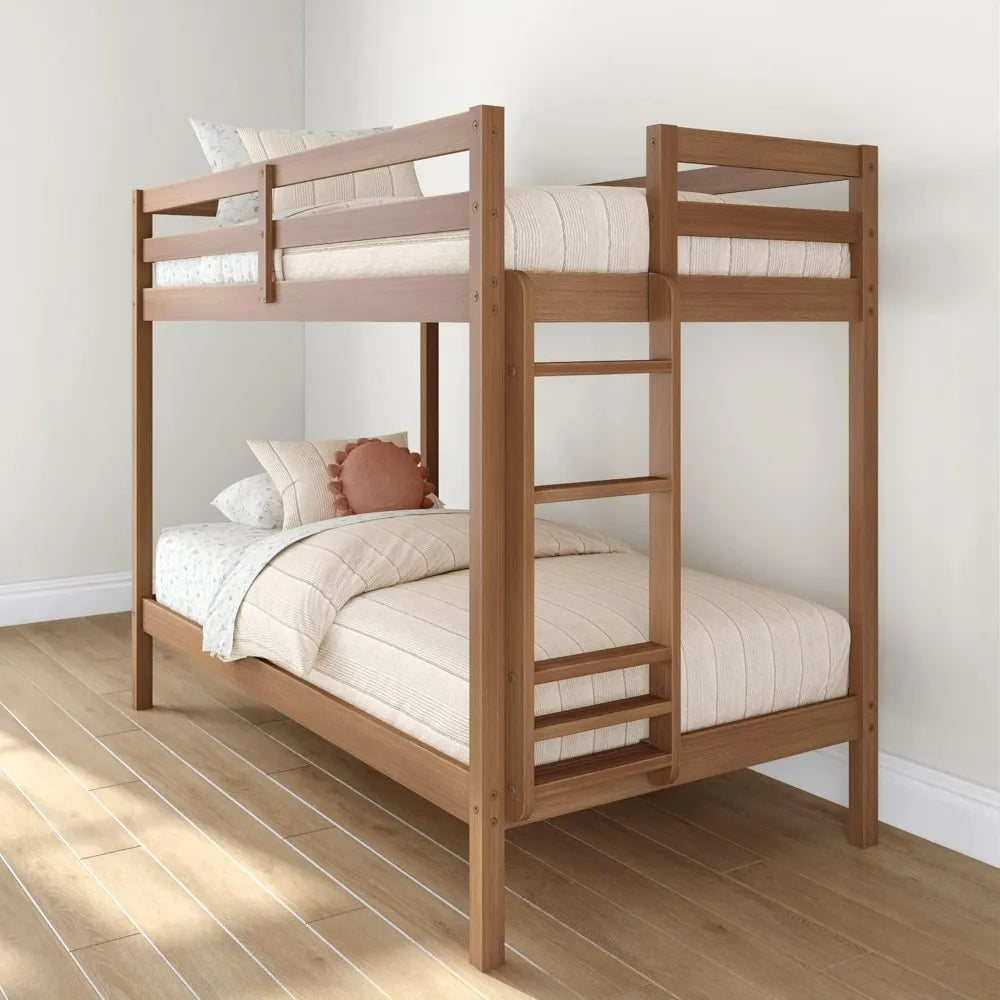 Durable Twin-Over-Twin Kids Bunk Bed with Plywood Construction, Ladder, Guardrail, and Slatted Support