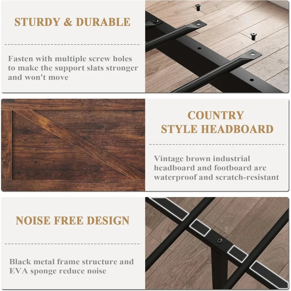 Led Bed Frame Queen Size with Charging Station, with Rustic Barn Door Wood Headboard
