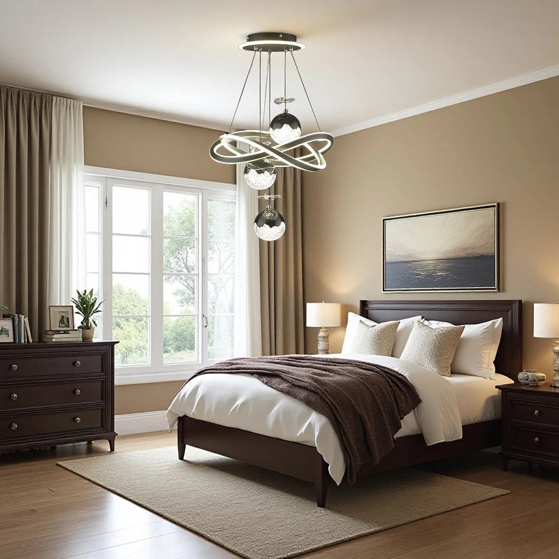 LED Chandelier with Three Spherical Lampshades, Three Adjustable Light Colors, Adjustable Height, and Crystal Accents; Suitable for Above Dining Tables, in Bedrooms, and More