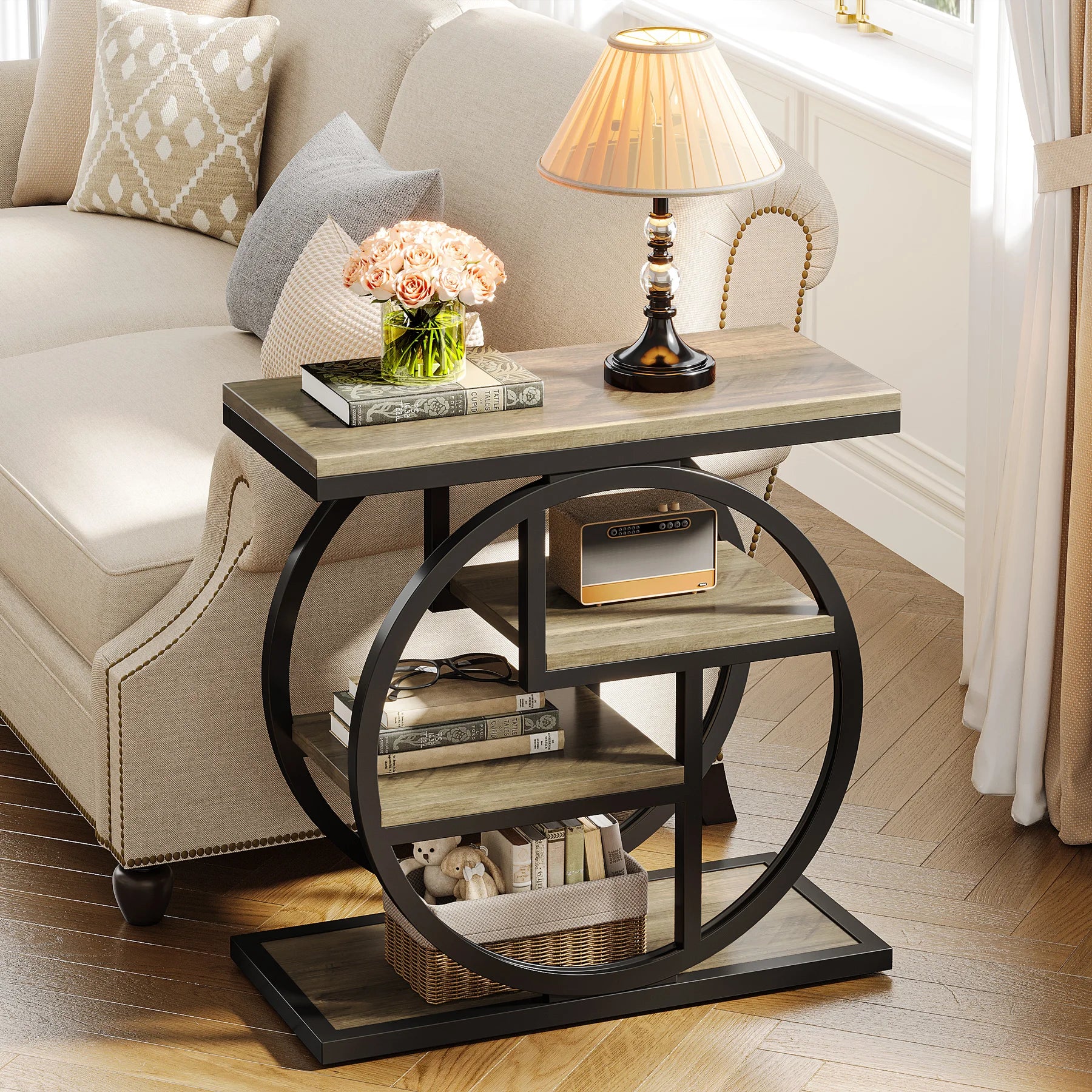 End Table for Living Room and Bedroom, 4-Tier Narrow Side Table with Storage Shelves