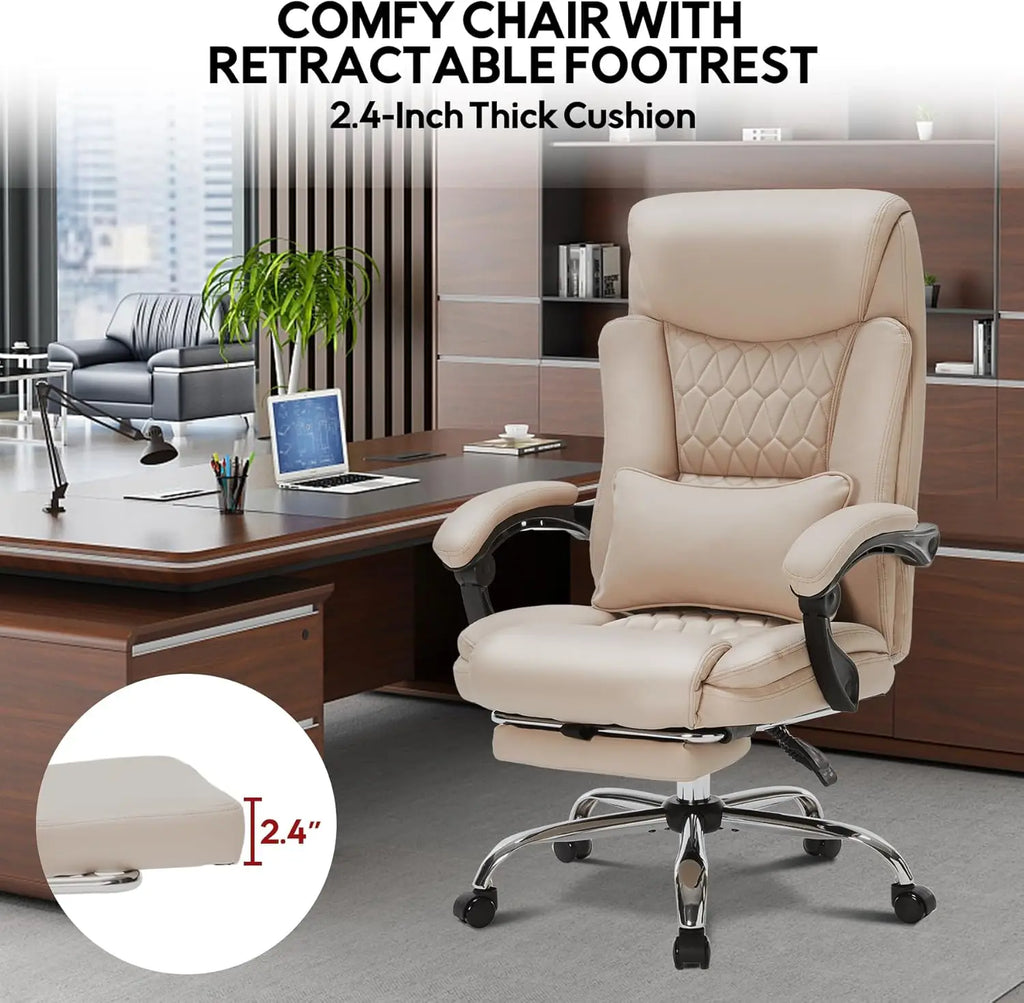 400lbs Reclining Office Chair with Footrest, Ergonomic Big and Tall Desk Chair for Heavy People (Khaki)