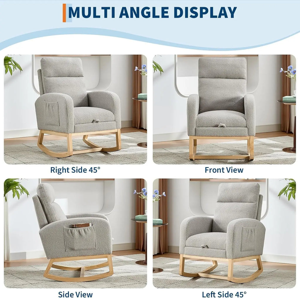 Rocking Chair Nursery Chairs with Foot Rest, Recliner Armchair with High Backrest & Wood Legs and Side Pocket for Living Room
