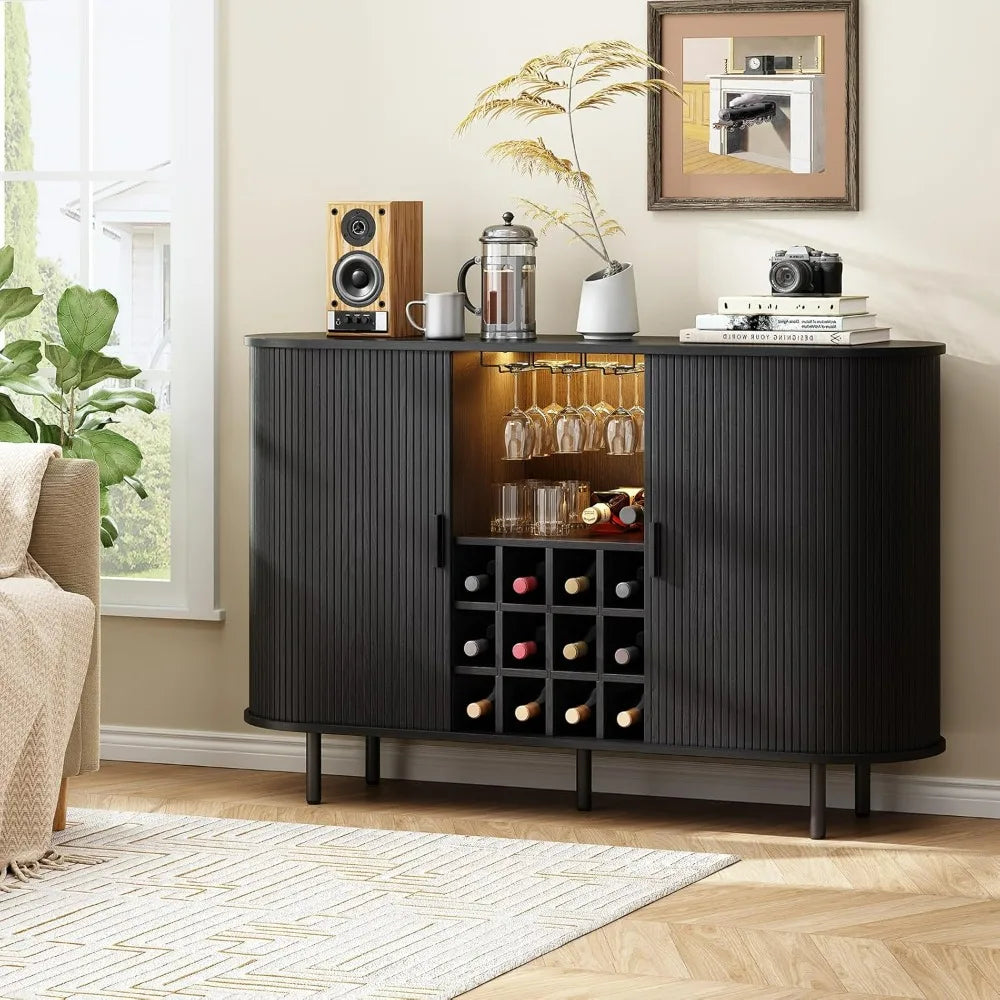 Modern Farmhouse-Style Wine/ Bar Cabinet with LED Lighting, Liquor/Whiskey Storage, and Glass Holder