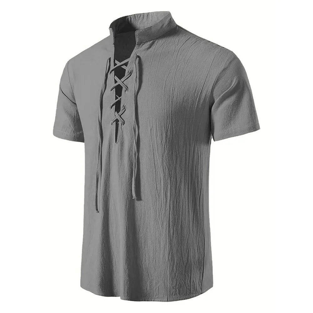 Men's Retro Shirt Short Sleeve Cotton Linen Lightweight Breathable Solid Color Fashion Tops Pirate V-neck Male Stylish Shirt