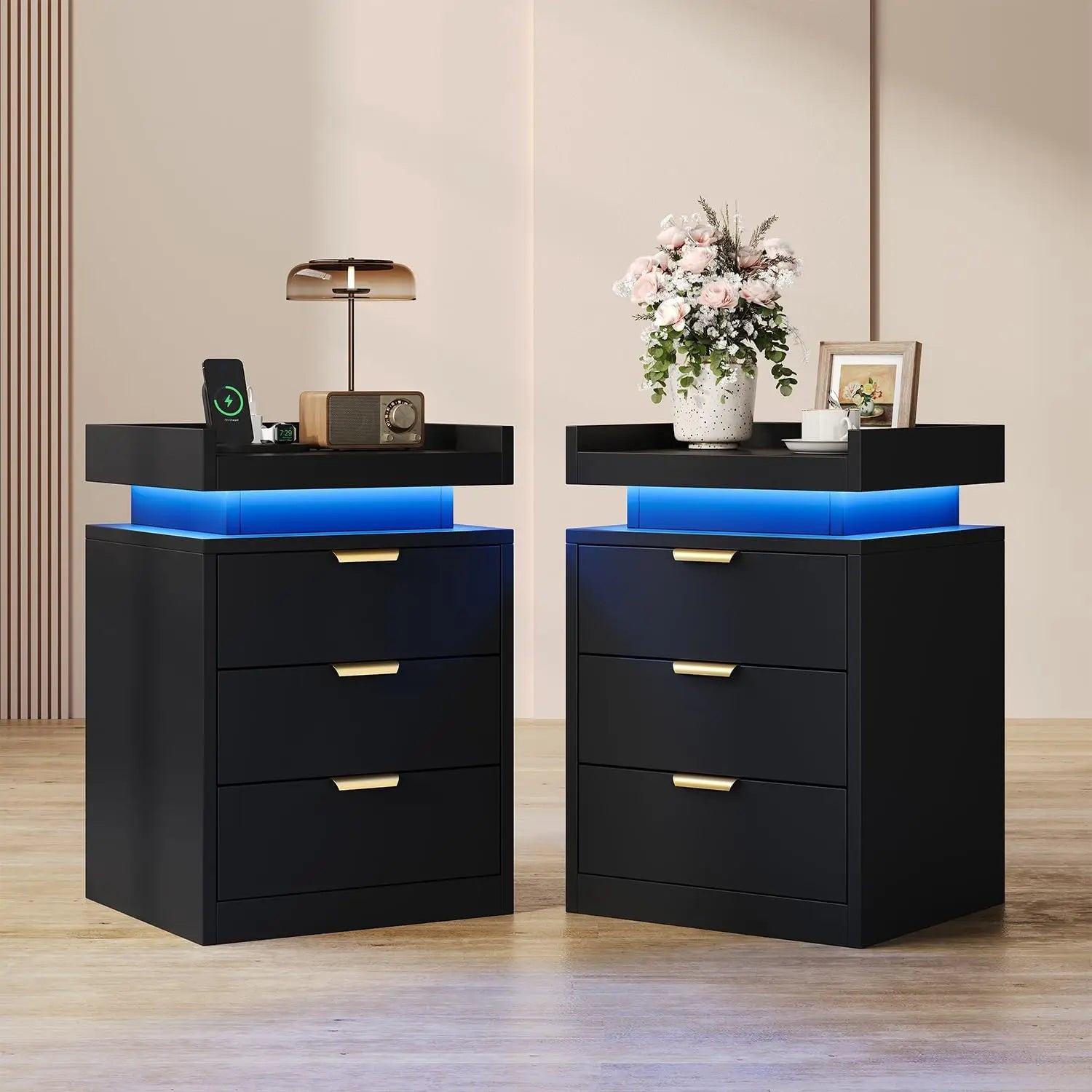LED End Tables, Set of 2 with Charging Station USB Ports, 3-Drawer Table