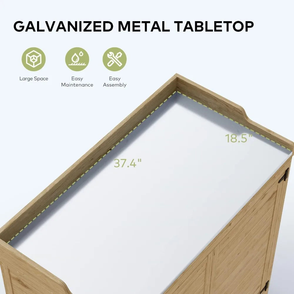 Outdoor Potting Bench with Metal Tabletop, Outdoor Garden Patio Wooden Storage Cabinet with Adjustable Shelf, Double Doors