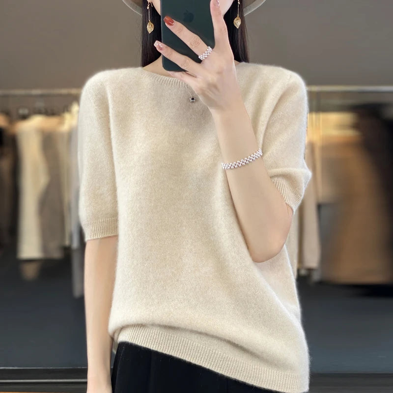 100% Merino Wool Women's O Neck Knitted  Pullover, Short Sleeve Sweater, Women's Basic Solid Color/ Half Sleeve