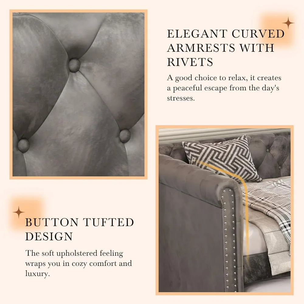 Modern Velvet Daybed with Trundle, Sofa Bed Featuring Tufted Button Design and Curved Armrests for Living Spaces and Bedrooms