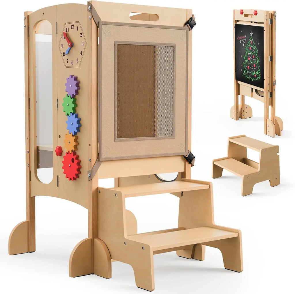 Toddler Tower/Foldable Toddler Kitchen Stool Helper with 2 Step Stool, Safety Net, Adjustable Height, Chalk-Whiteboard