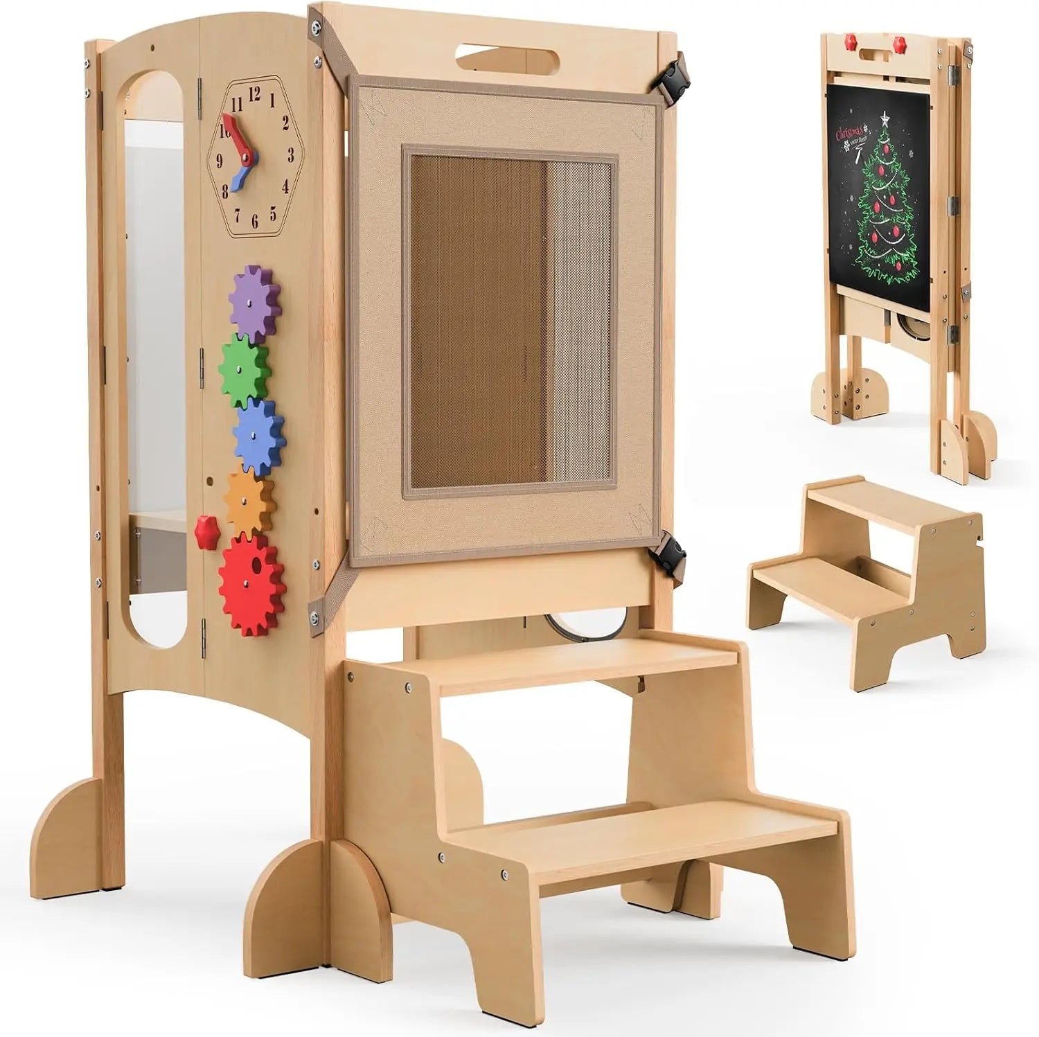 Toddler Tower/Foldable Toddler Kitchen Stool Helper with 2 Step Stool, Safety Net, Adjustable Height, Chalk-Whiteboard