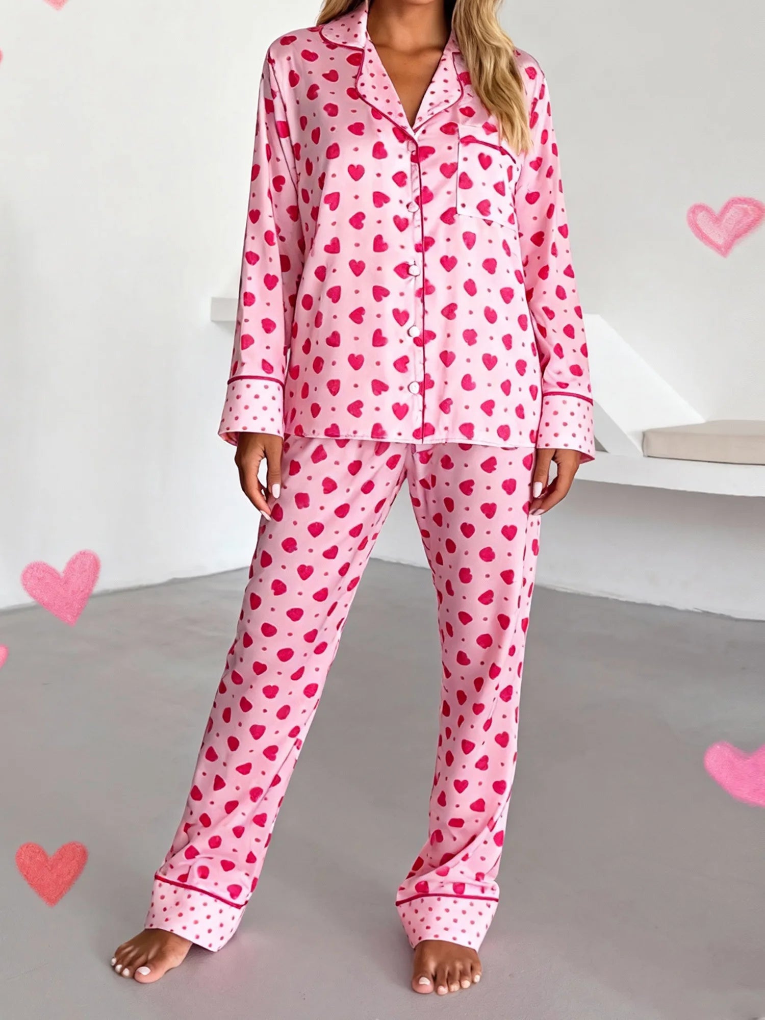 Valentine s Day Women s Pajama Set with Heart Print Long Sleeve Top and Elastic Waist Pants - 2 Piece Outfit featuring Turn