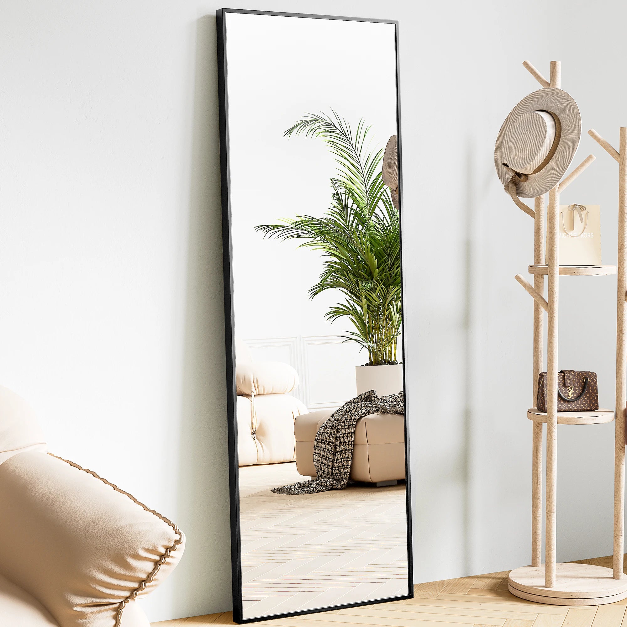 64"x21" Full Body Wall Mirror Standing, Hanging, or Leaning Wall-Mounted Mirrors with Stand Aluminum Alloy Frame/ Living Room