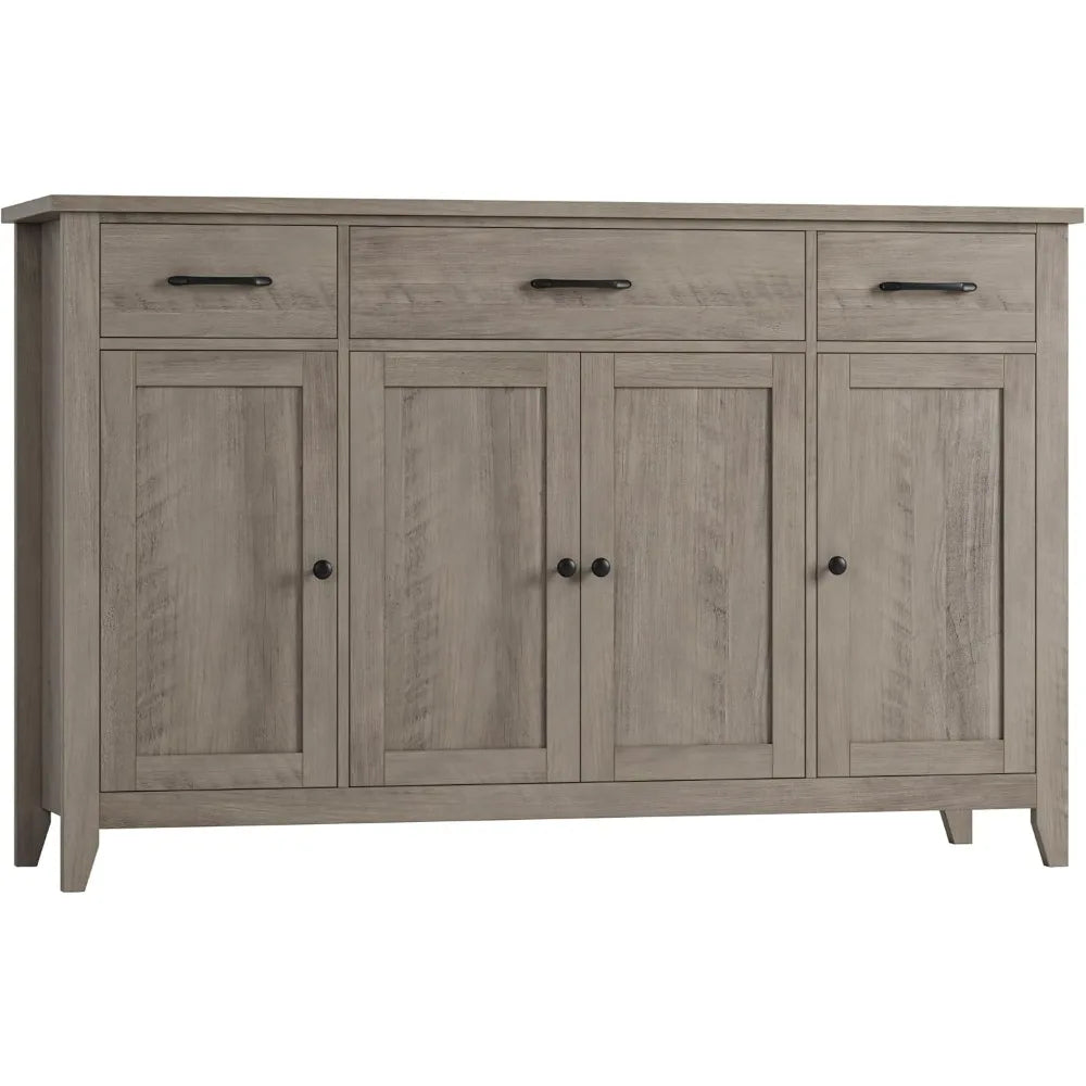 55" Modern Farmhouse Sideboard Buffet with Drawers, Large Kitchen Storage Cabinet, Adjustable Shelves, Grey