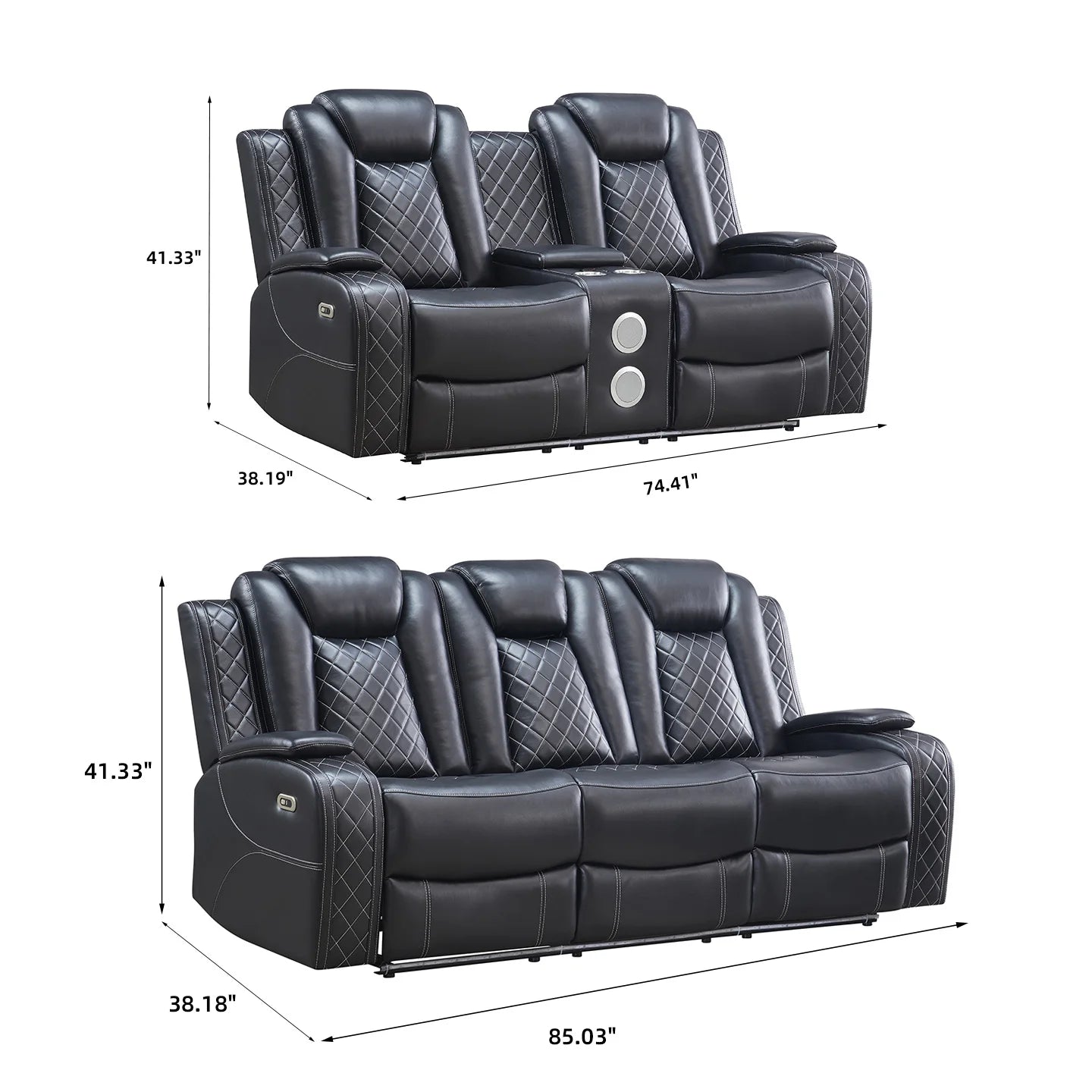 Power Reclining Sofa Couch with Wireless Charger/ 3 Seater Recliner/Reading Light Leather/ Bluetooth Speaker/ Theater Seating LED