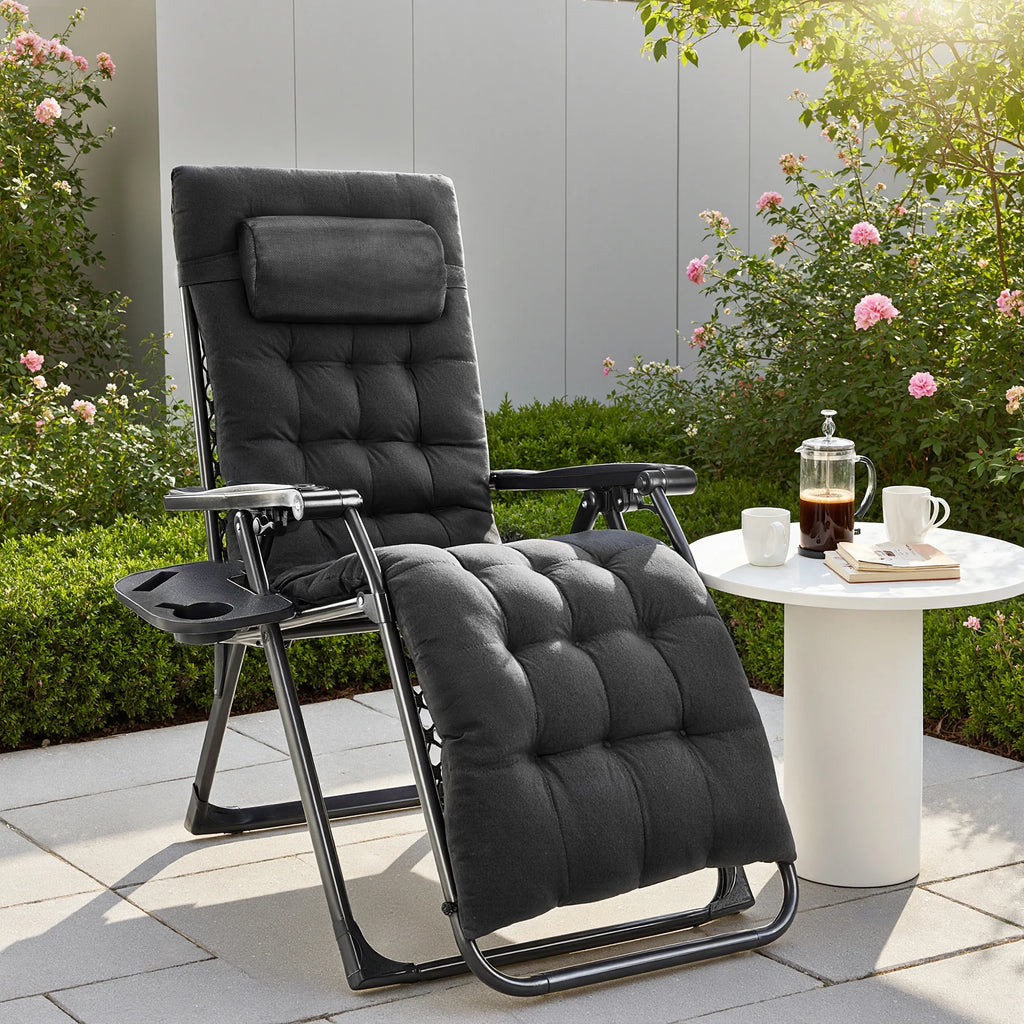 Zero Gravity Recliner/ Camping/ Patio Lounge Chair/ Folding/ Portable with Cup Holder Trays Removable Cushion For Outdoor Garden