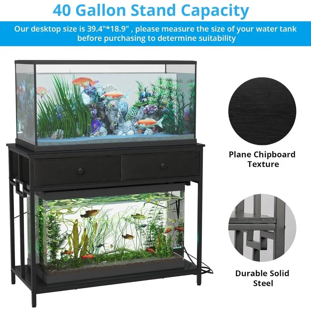 Customizable 40 Gallon Aquarium Stand with Power Outlet, Metal Frame Fish Tank Stand with Cabinet Storage, Double Turtle Reptile